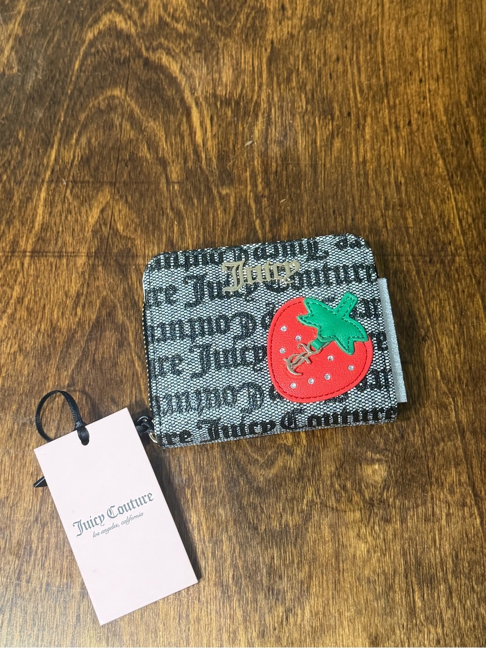 Juicy Couture Black & Gray Logo Strawberry Zip Wallet
